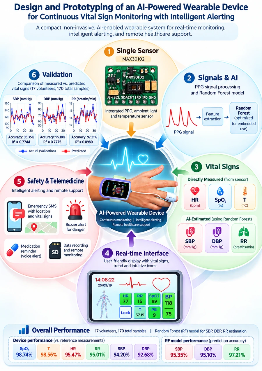 Infographic for the published AI-powered wearable vital-sign monitoring study
